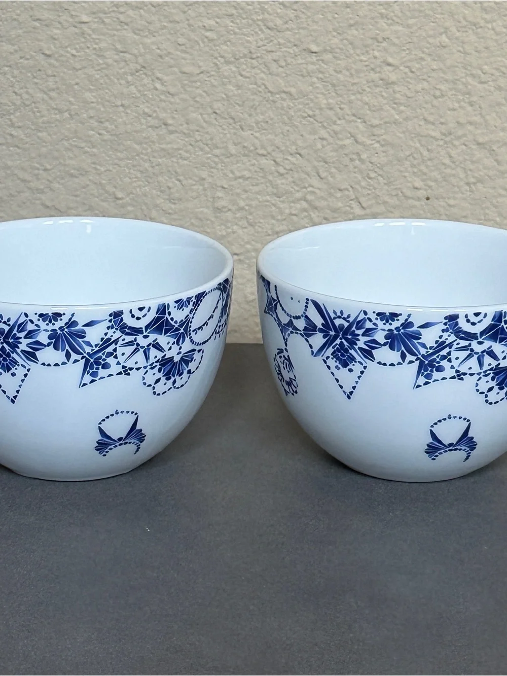 IKEA Promenad Coffee Cup Set of 2 Geometric Blue and White Floral Lace Pattern